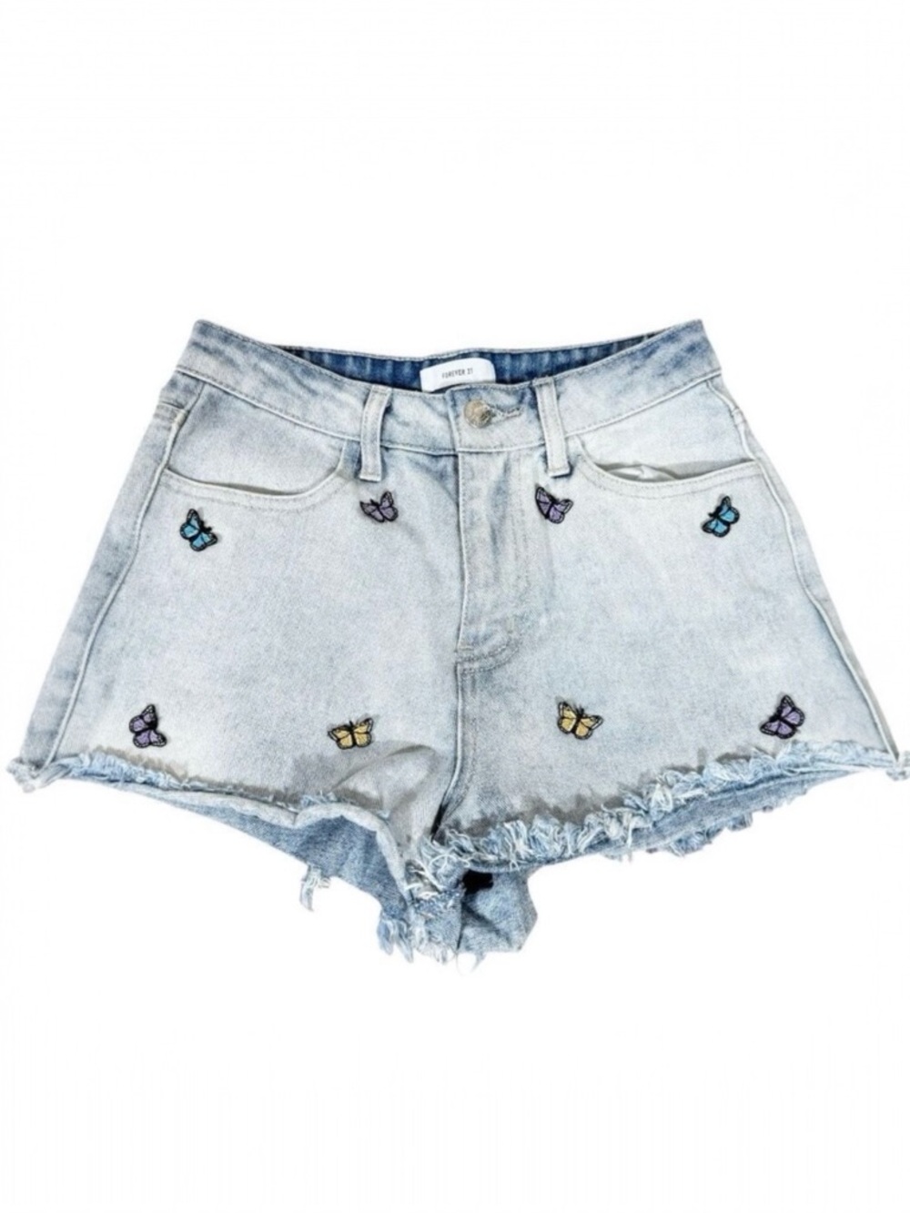 Forever 21 High Waisted Distressed Raw Hem Butterfly Denim Shorts Size 24